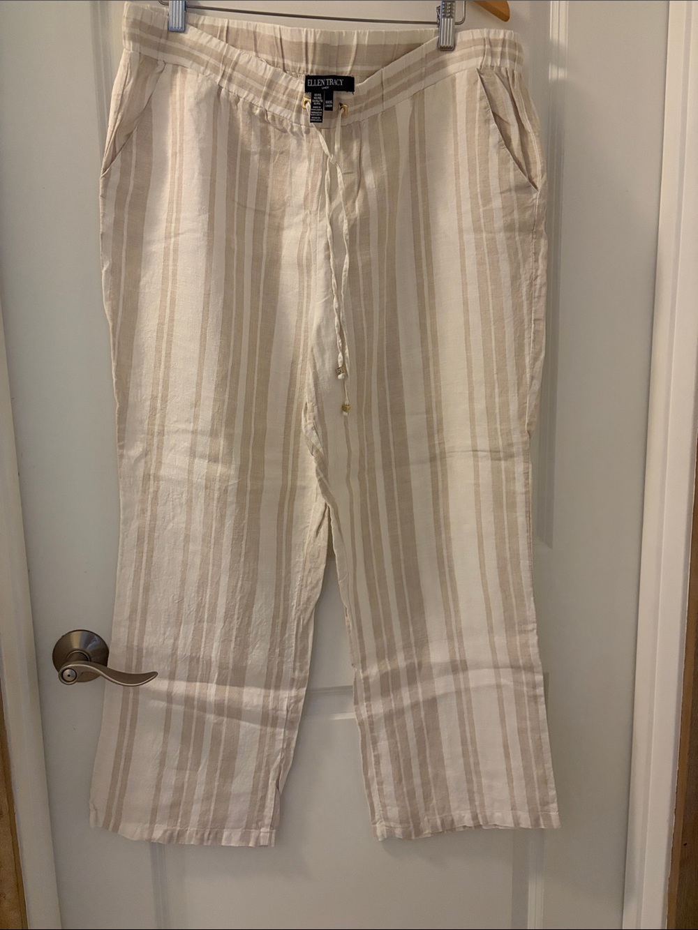 Ellen Tracy Cream and Tan Striped Drawstring Pants 100% linen